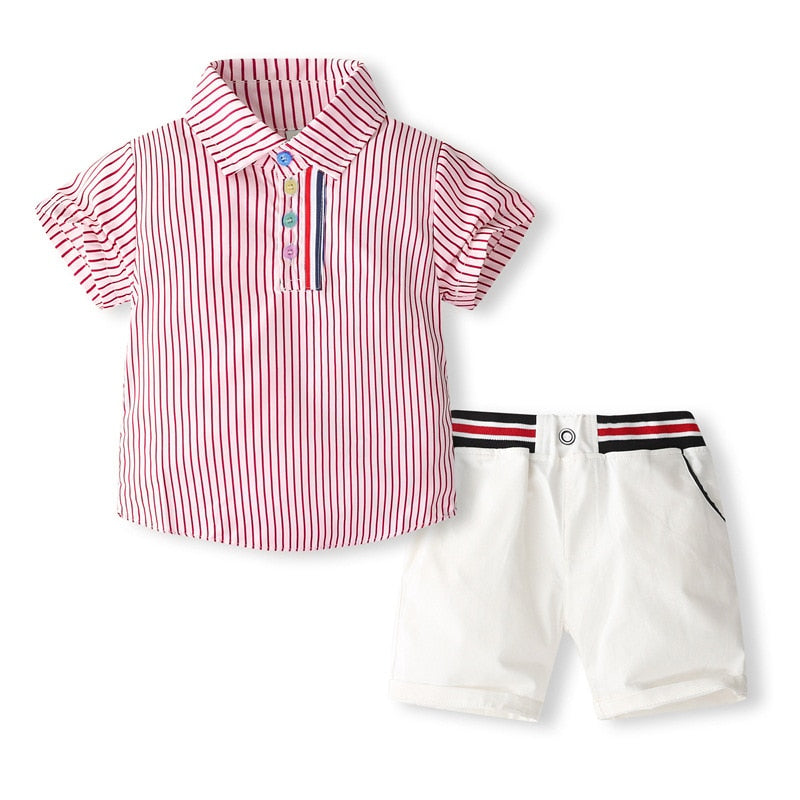 Children gentleman summer clothes striped short sleeve tops + white shorts 2 pcs clothing sets for kids baby boys party suits