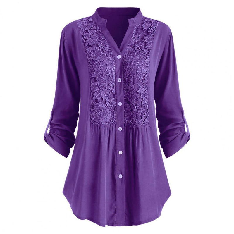 Lace Splicing Women Blouse Stand-up Collar Comfortable Tops Button Placket Loose Spring Shirt for Office
