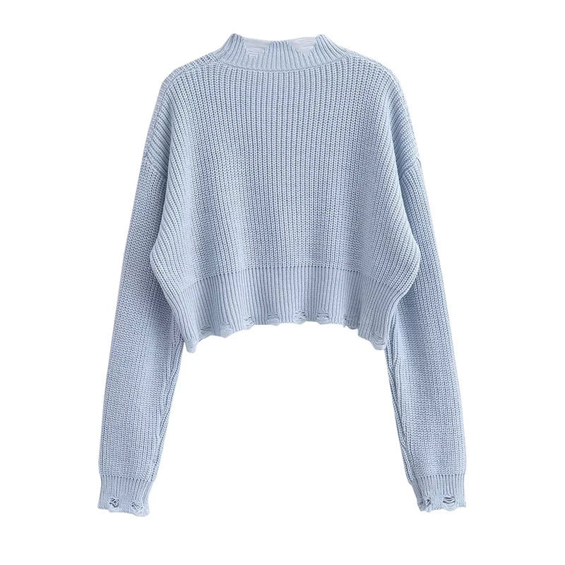 Autumn Women Vintage Lazy Hole Crop Knit Sweater Oversize Pullover Chic Top