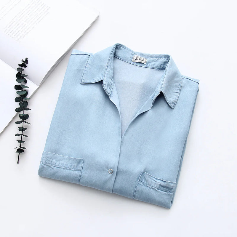 Denim Shirts Women's Summer Soft Jeans Outer Wear Two Pocket Casual Loose Blouses Drape Thin Coat Tops