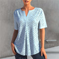 V Neck Women Blouse Embroidery Hollow Short Sleeve Cotton Blend Summer Lady