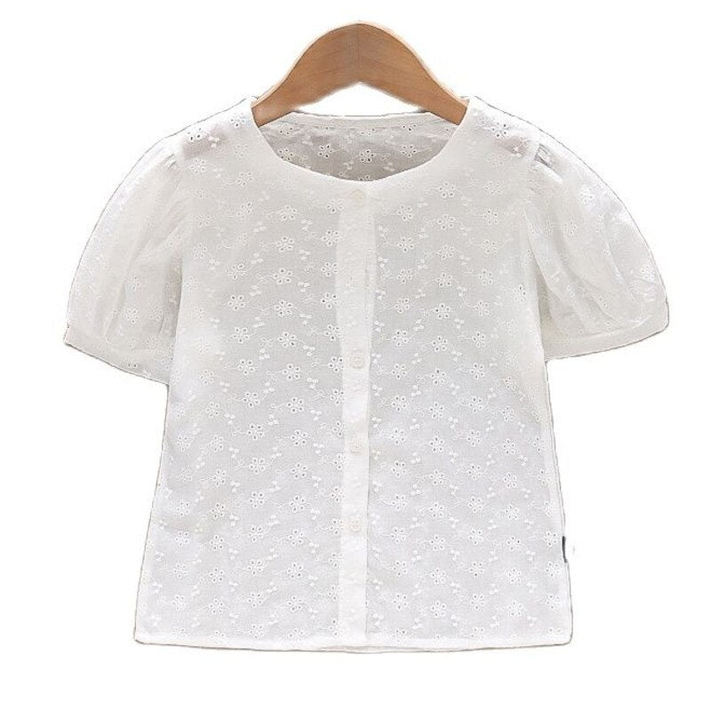 Summer Girls White Shirt Embroidered Hollow Short-sleeved Girl Blouse Baby Clothes For Girls