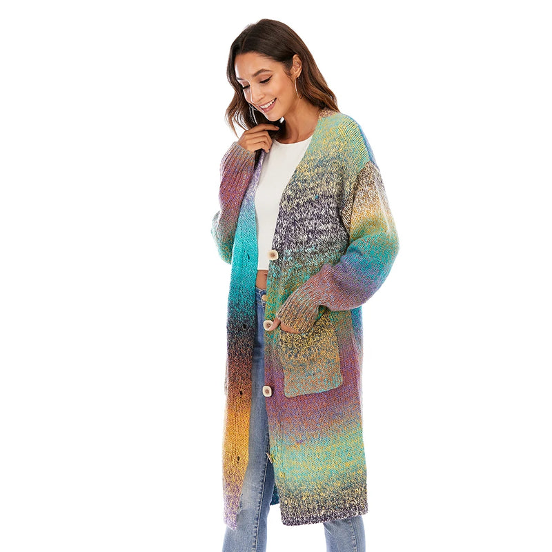 Breathable Cardigans Sweater with Pockets Women's Lightweight Rainbow Striped Loose Coat