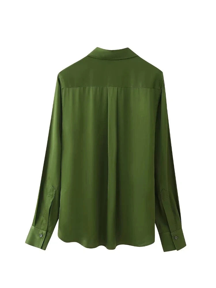 Woman Vintage Loose Single-Breasted Blouses Green Asymmetric Casual Tops Women Elegant Chic