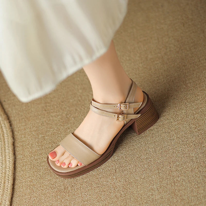 Leather Summer Women's Sandals British Style Female Buckle Platform Shoes Square High Heels Sandals
