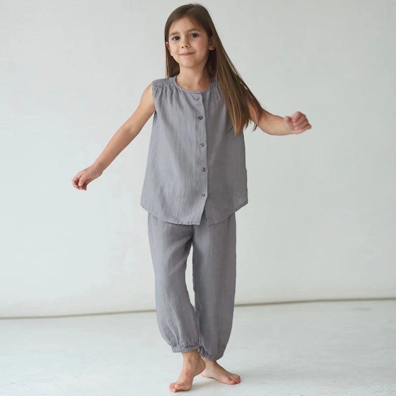 Summer Casual Sleeveless Cotton Linen Girls Suit Retro Children's Round Neck Buttons Tops Loose Pants