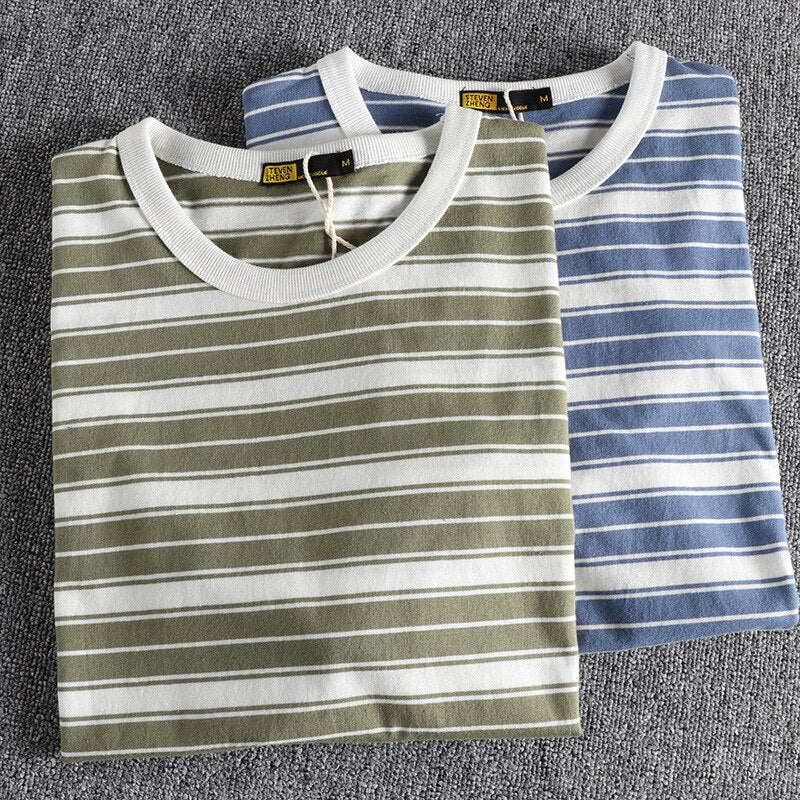 Summer Striped Short Sleeved Men Casual Cotton All Match Youth Half Sleeved Bottoming Pullover Round Neck T-Shirt