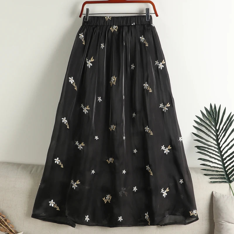 Spring Flower Embroidery Fresh Chiffon Skirts Breathable Mid-Length Summer Female Skirts