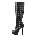 Women Platform Boots  Round Toe Zipper Knee High High Heel Rivet Handmade Boots