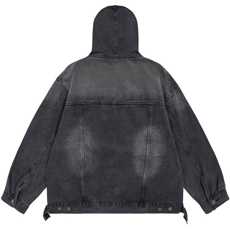 Men Vintage Hooded Denim Jacket Streetwear Hip Hop Solid Distressed Pullover Coat Casual Loose Jackets