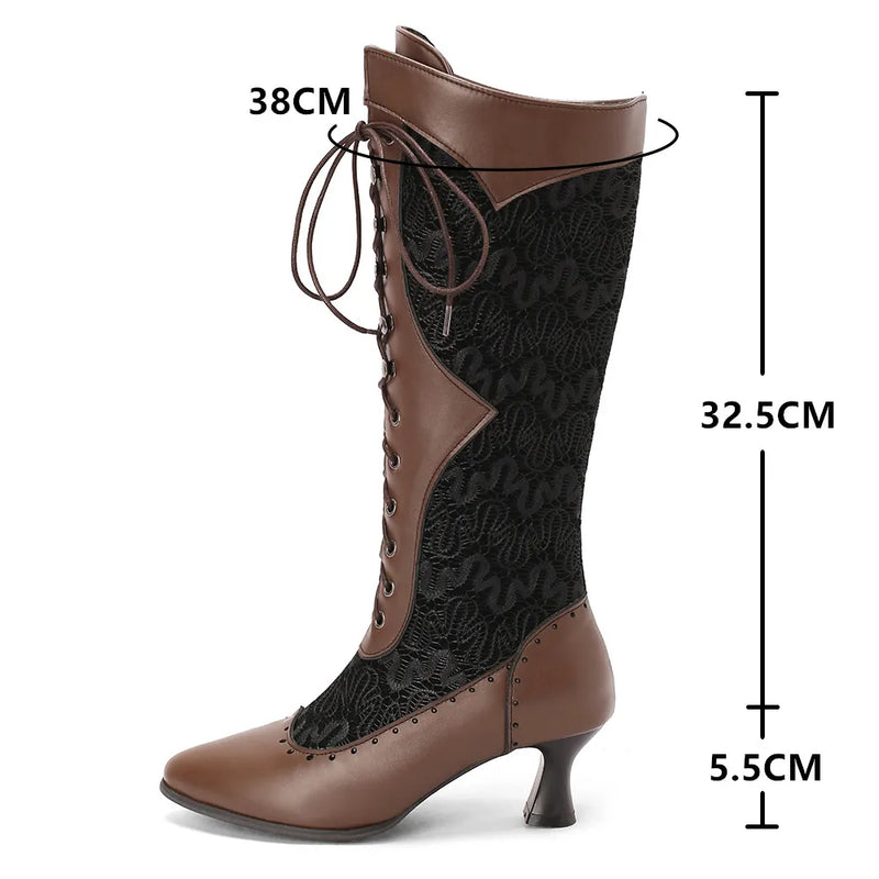 Vintage style boots Shoes Woman retro Lace-up Pointed Toe Low Heels Boots for Women