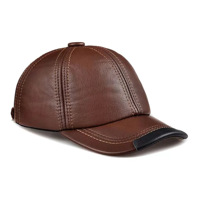 Free Shipping Men Leather Baseball Caps Winter Dome Lined Double Leisure Warm