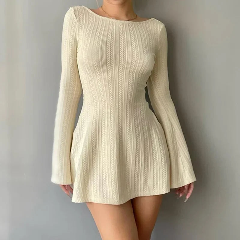 Solid Knitted Pleated Dresses Casual Flared Backless Mini Dress O Neck Basic Chic Elegant