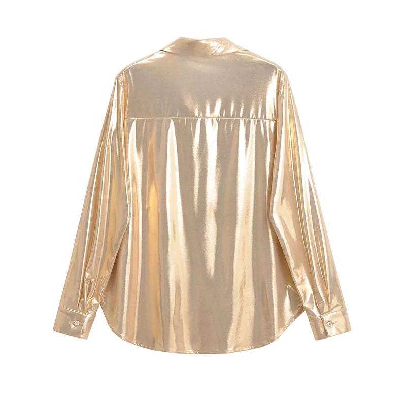 Spring Women Shinning Metallic Casual Blouse Office Ladies Business Shirt Chic Chemise