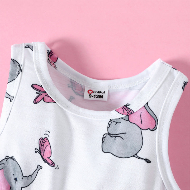 Baby Girl Clothing Set Pink Long-sleeve Cardigan with Cartoon Elephant and Butterfly Sleeveless Dress Set