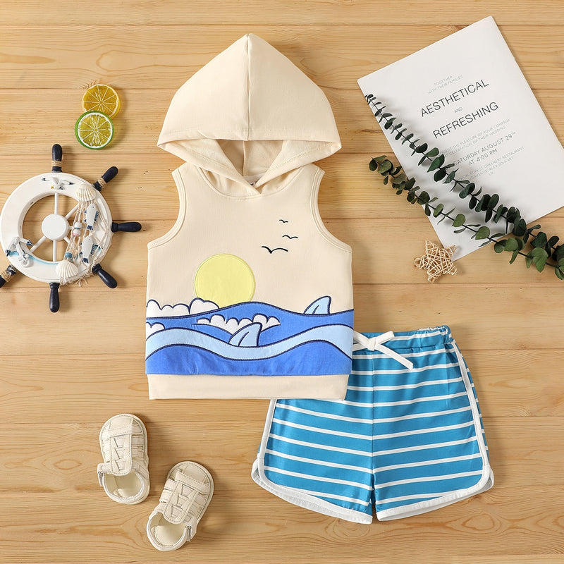 Baby Boy Embroidered Hooded Tank Top and Striped Shorts Set