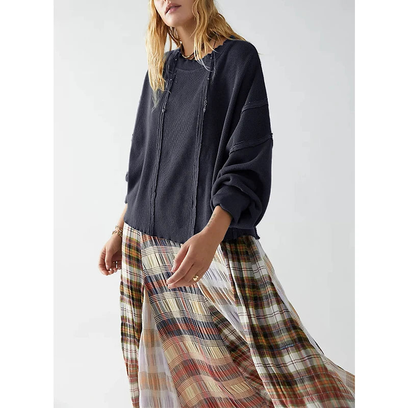 Women Sweatshirts Hoodie Waffle Casual Long Sleeve Patchwork Streetwear Pullovers