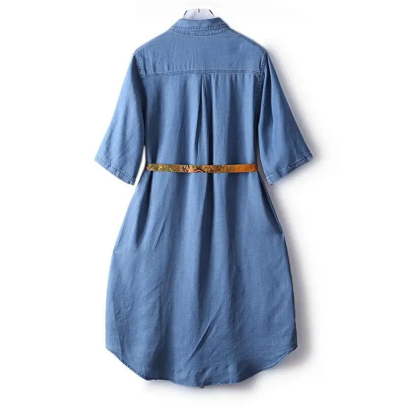 Denim Blue Dresses Women Summer Thin Single Breasted Cardigan Drape Female Dress