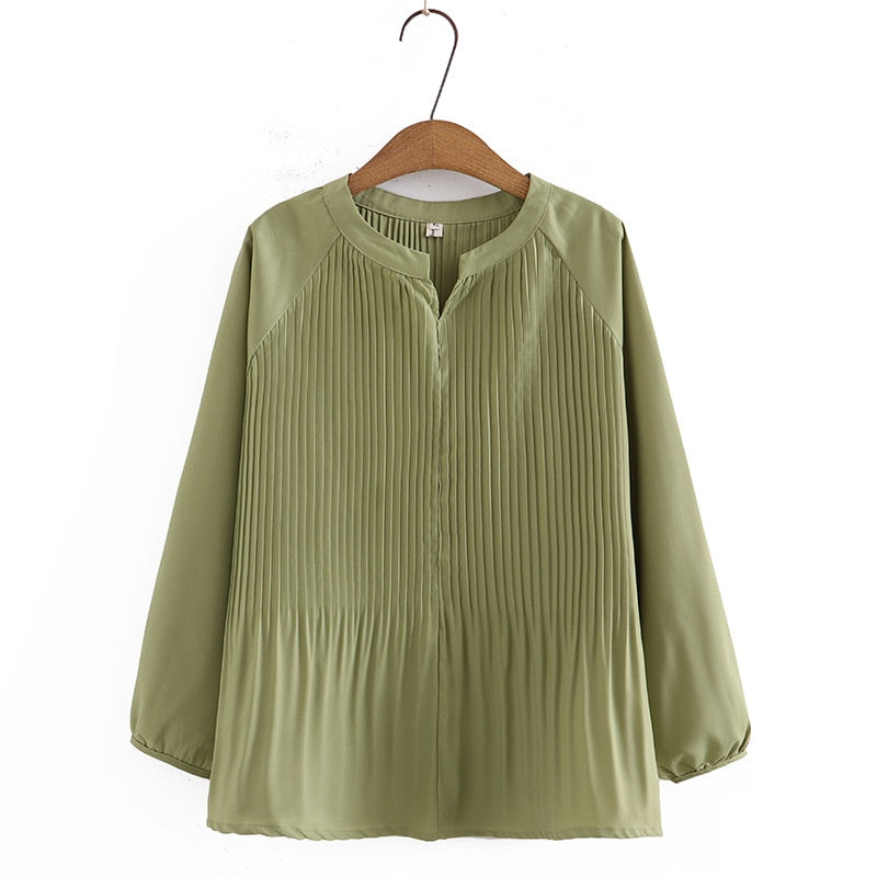 Spring Women Pleated Chiffon Blouses V Necks Long Sleeve Solid Casual Pullover Shirts Loose Tops