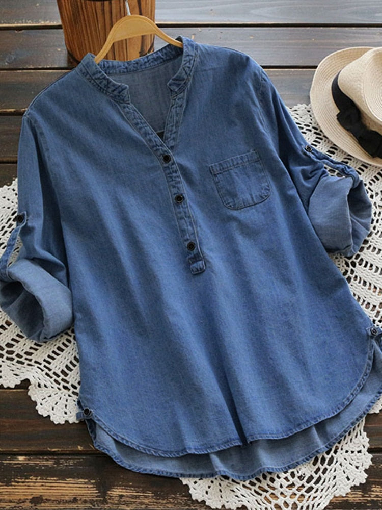 Women's Denim Blue Shirts Autumn Blouse Casual Button V Neck Long Sleeve Tops Jean Tunic
