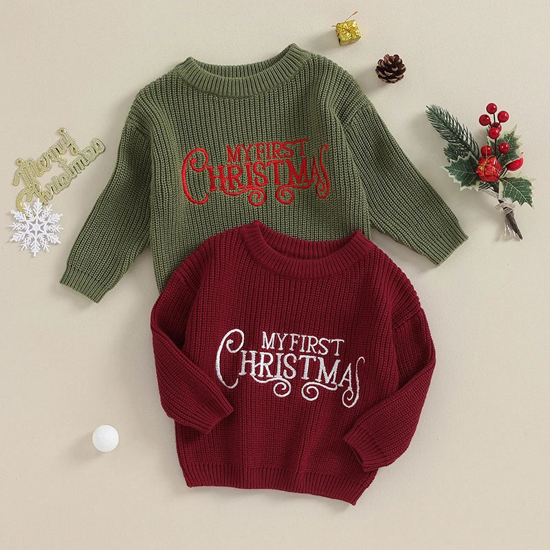 Baby Girls Christmas Knit Sweater Fall Clothes Long Sleeve Letter Embroidery Pullover Knitwear Xmas Warm Clothes