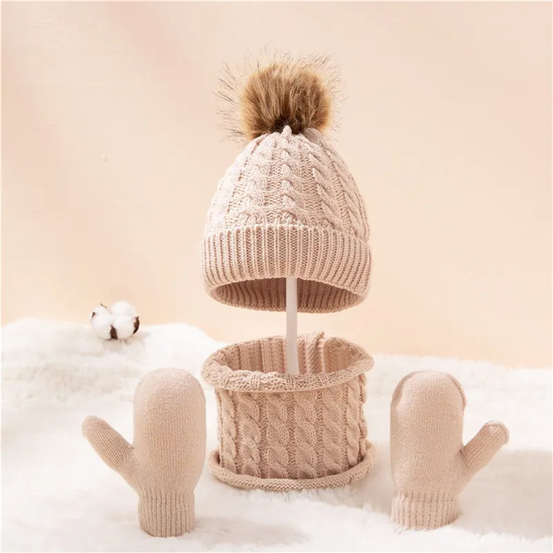 Baby Hats Scarves Gloves Set Toddler Boys Girls Bobbles Cap Autumn Winter Warm Twist Knitted Hat Neckerchief Gloves Suit