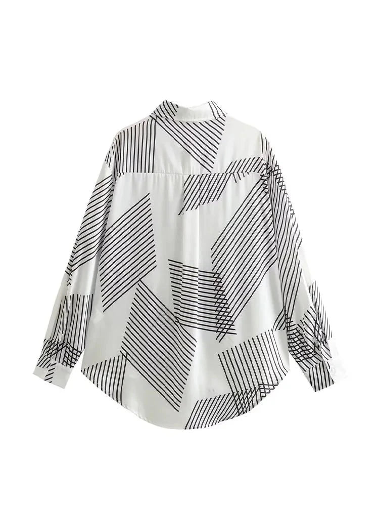Spring Casual Shirts Woman Trendy White Geometric Turn-Down Collar Long Sleeves Single Breasted Female Blouses
