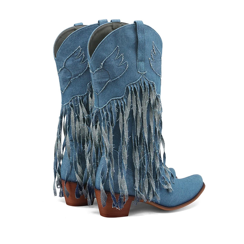 Vintage Woman Denim Tassel Boots Pointed Toe Retro Calf High Boots Women Heels Shoes Embroidered Boots