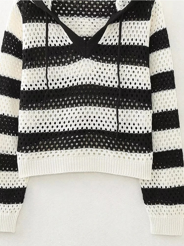 Autumn Women Vintage Striped Hooded Knit Sweater Long Sleeve Female Crop Pullover Tops