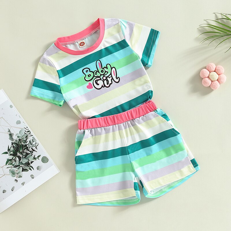 Children Baby Girls Clothes Set Short Sleeve Striped Letters T-Shirt + Casual Shorts 2pcs Summer Outfit