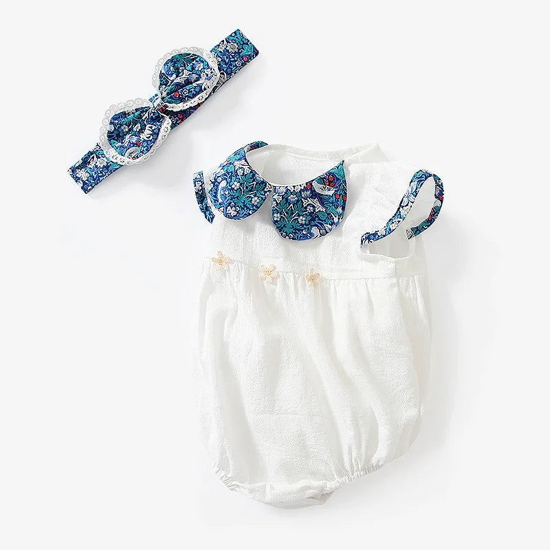 Summer Floral Lapel Romper with Headband for Baby Girls Dress for Party Birthday