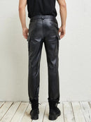 Autumn Mens Motorcycle Riding Windproof Pants Punk Genuine Leather Cargo Pants Long Trousers