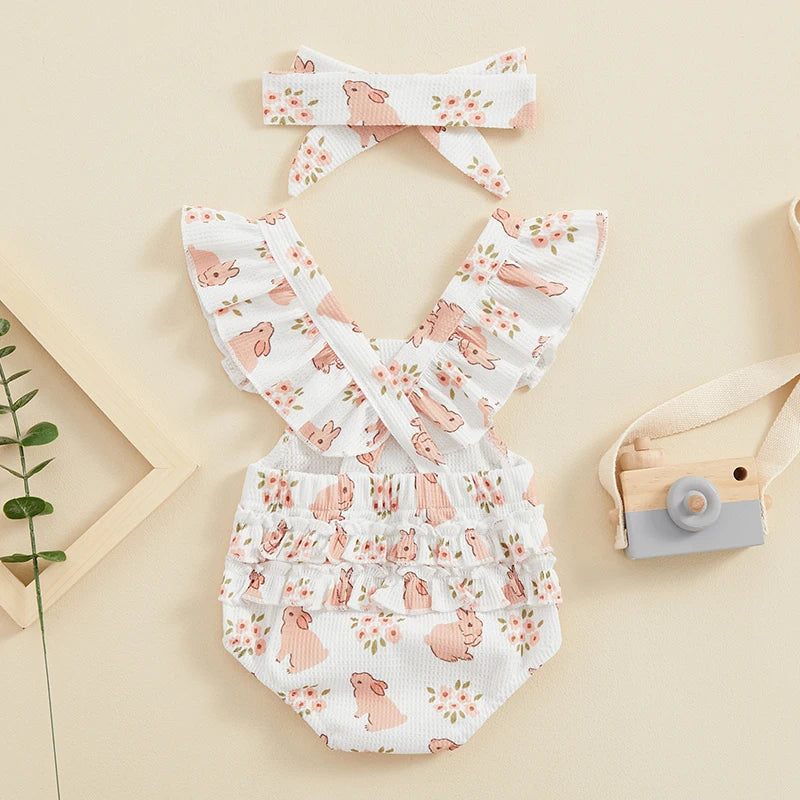 Summer Easter Infant Baby Girl Set Waffle Top Bodysuit Headband Outfits Clothes