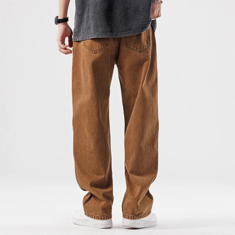 Brown Jeans for Mens Spring and Summer Straight Pocket Decorative Pants