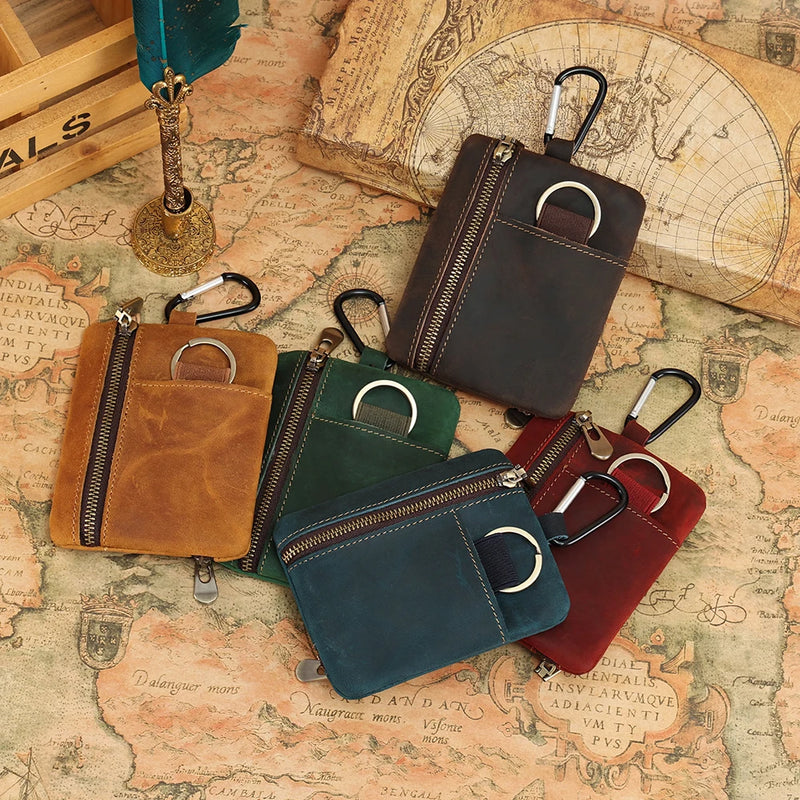 Vintage Leather Coin Purse With Keychain Men Women Mini Short Wallet Card Holder Change Purse Storage Bag