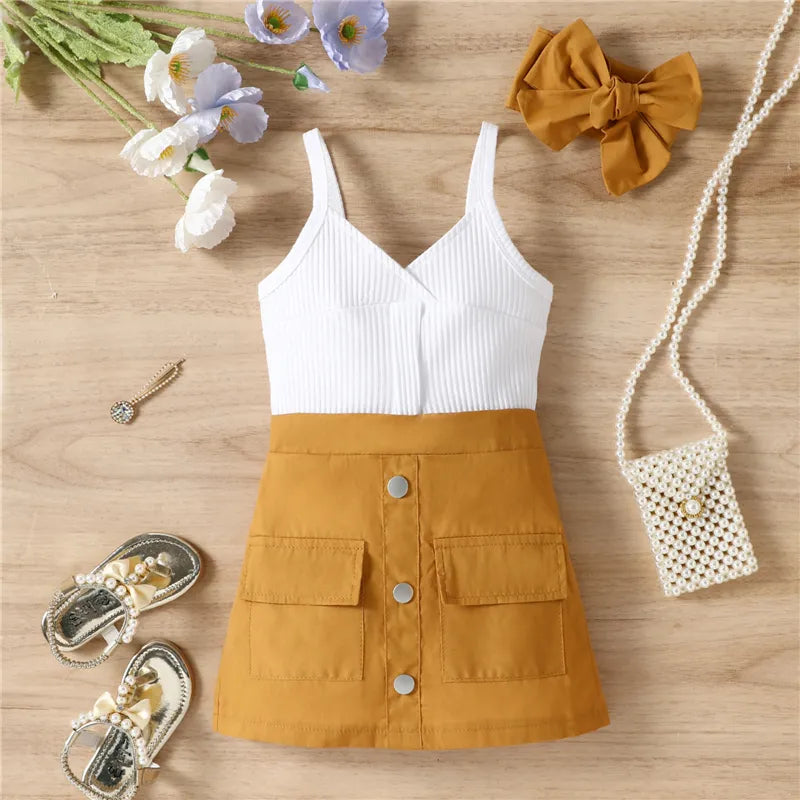 Kids Girls Clothes Suits Solid Color V-Neck Ribbed Sleeveless Sling Tank Tops Buttons Pencil Skirts Headband 3Pcs Sets