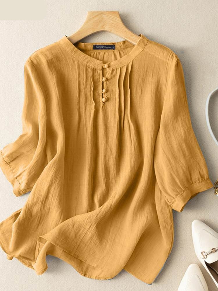 Spring 3/4 Sleeve Women Blouse O-Neck Solid Chemise Femme Cotton Tops Bohemian Casual Holiday Blouses