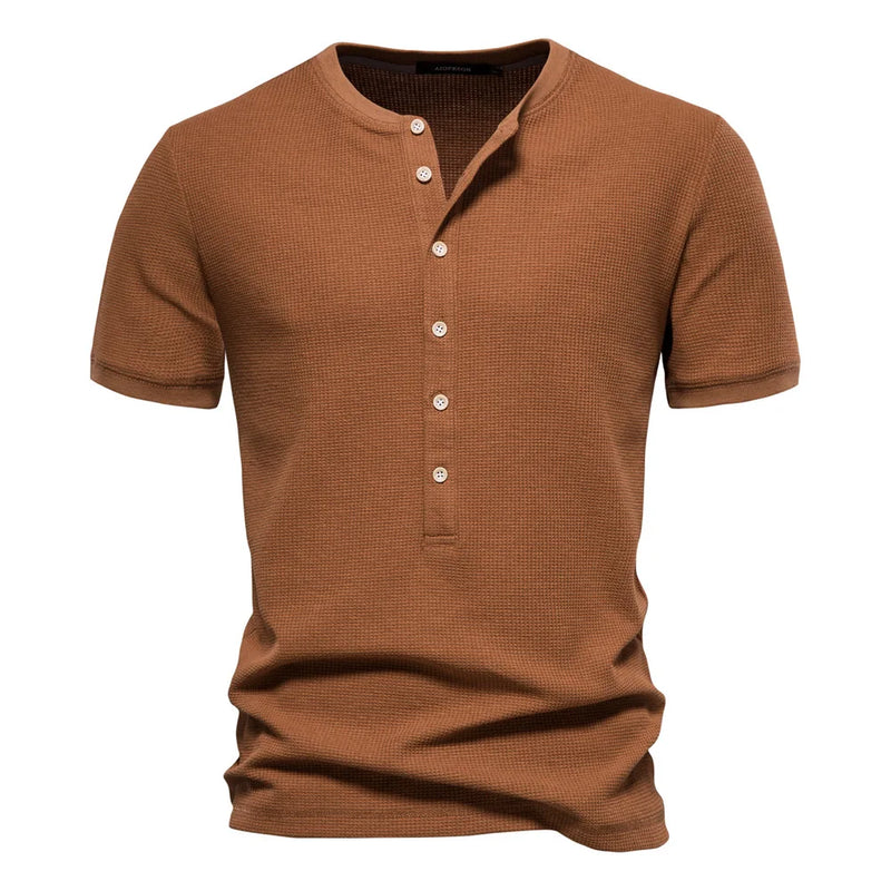 Mens Waffle Henley Shirt Summer Short Sleeve Regular Fit Knitted Breathable Tops Fashion Casual Solid Basic Tees