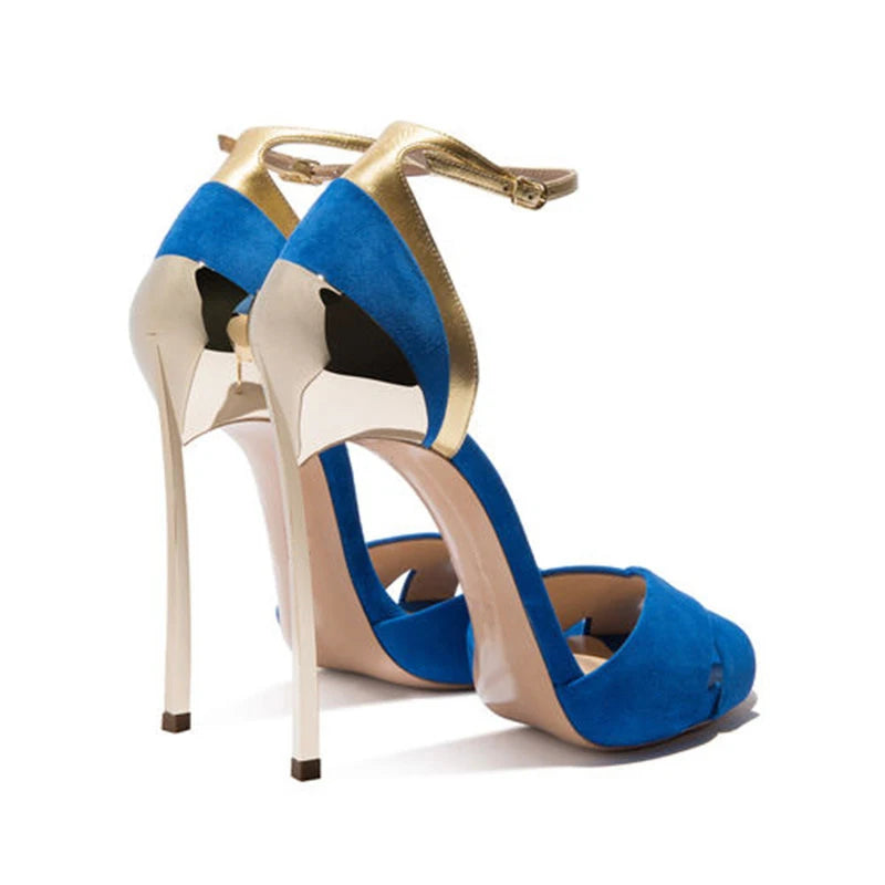 Woman Cross Strap Peep Toe Covered Metal Heels Sandals Woman Suede Patchwork Mixed Party Shoes