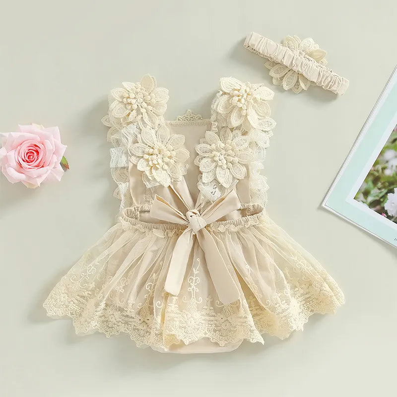 Baby Girls Romper Dress Summer Sleeveless Square Neck Floral Lace Embroidery Party Princess Bodysuit Headband Outfit