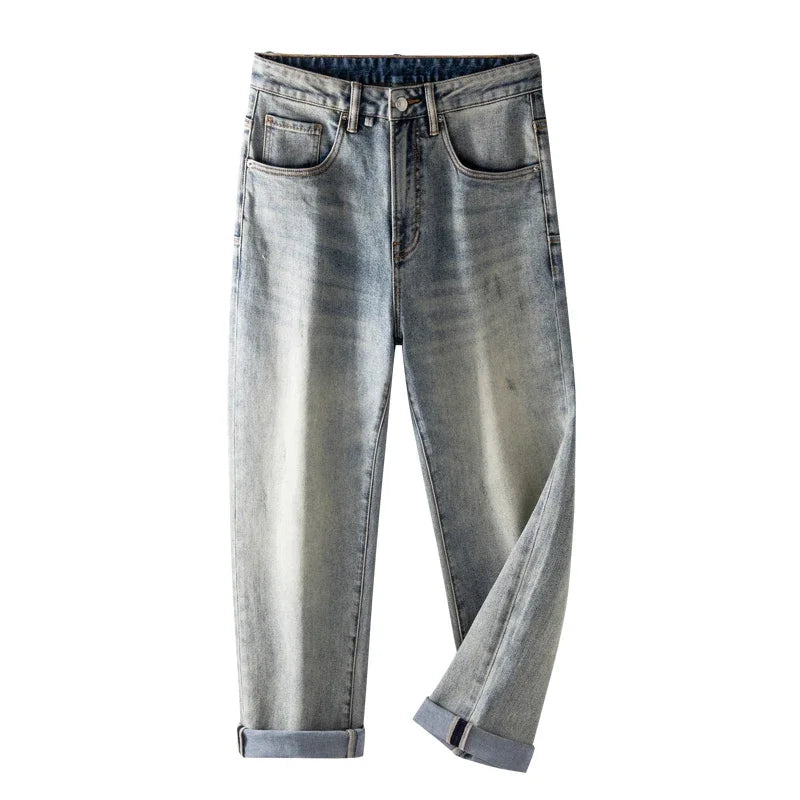 Vintage Aged Wash Loose Jeans Men's Straight Nostalgic Pants Trend for Spring and Summer