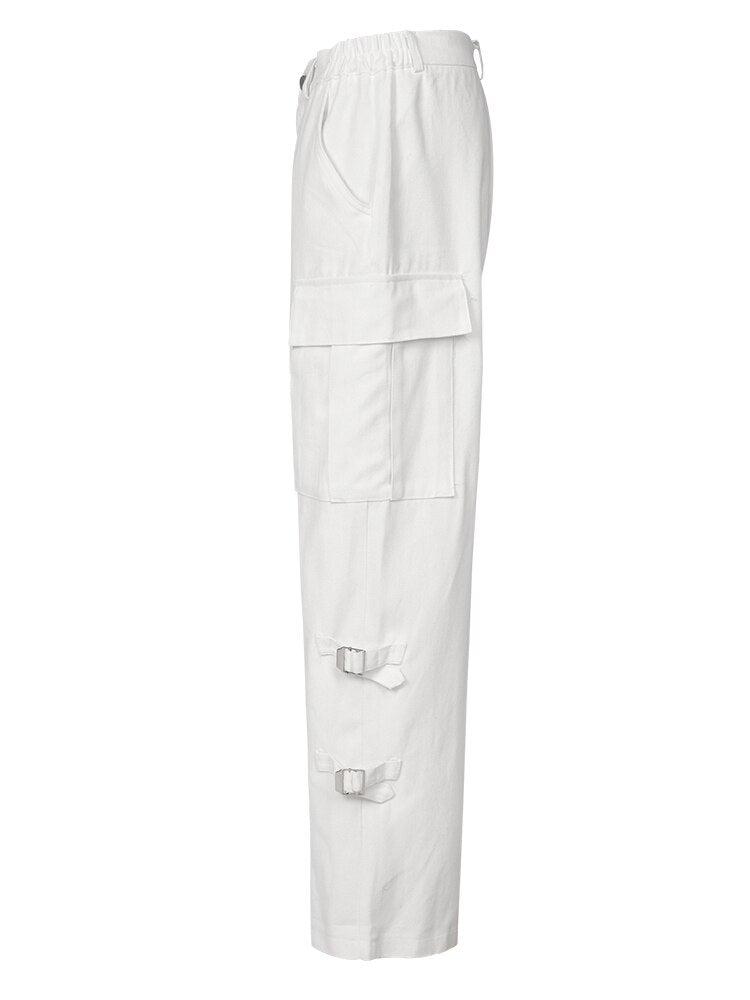 High Waist White Big Pockets Wide Leg Casual Pants Loose Fit Trousers Women Tide Spring Autumn