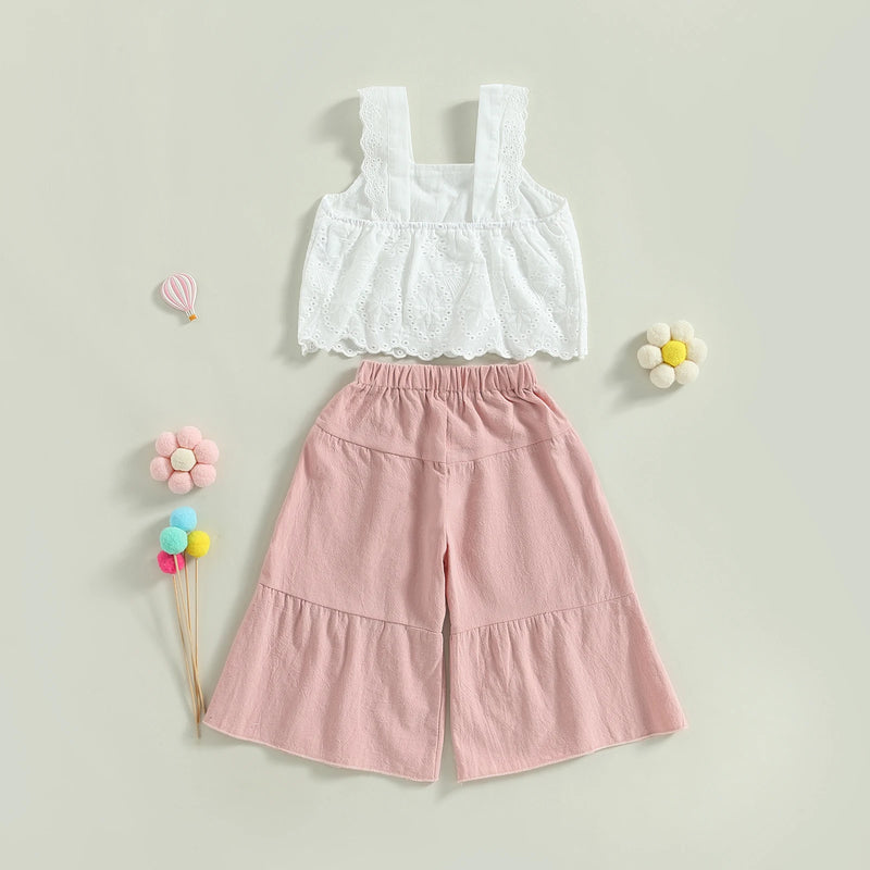 Summer Kids Baby Girls Outfit Solid Sleeveless Lace Tops and Elastic Casual Wide Leg Pants Clothes Set