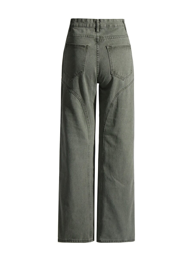 Women Denim Pants Solid Pocket Straight Jeans High Waist Loose Casual Long Denim Trousers Spring Autumn