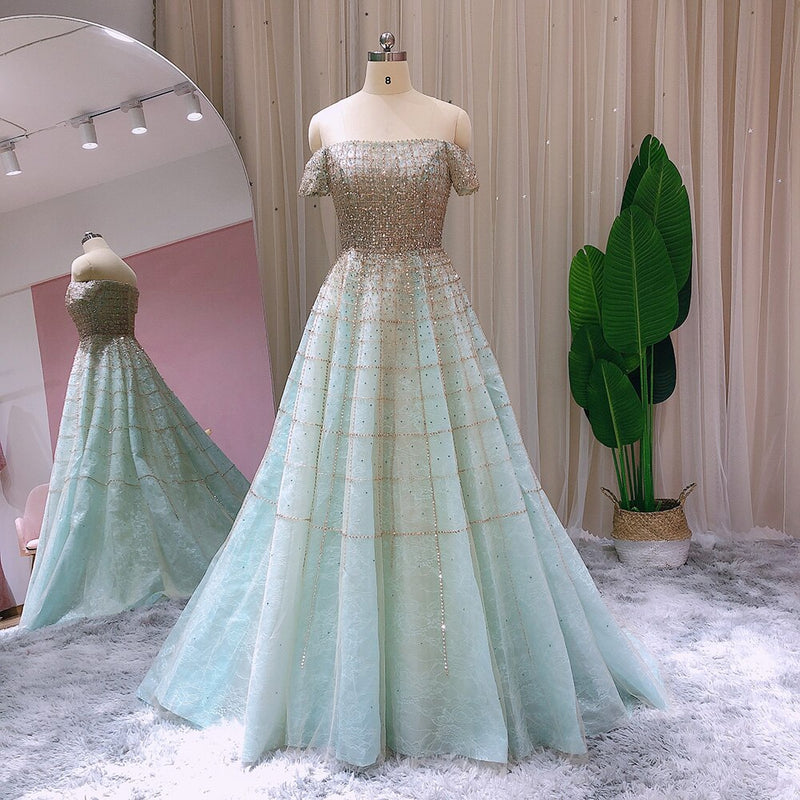 Luxury Dubai Mint Green Evening Dresses Elegant Off Shoulder Lilac Arabic Formal Dress for Women Wedding Party