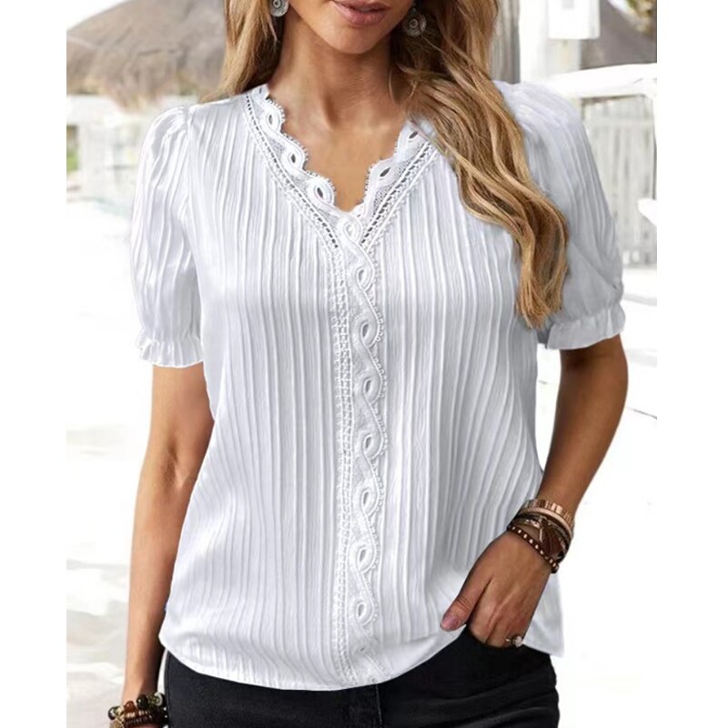 V-neck Elegant Summer Blouse Women Lace Hollow Out Short Sleeve Tops Loose Ladies Office Simple Casual Shirts