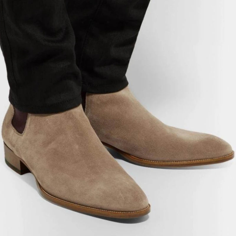 Chelsea Boots Men Suede Genuine Leather Matte Pointed Low Heel Business Formal Boots Classic Comfort Breathable Men Boots