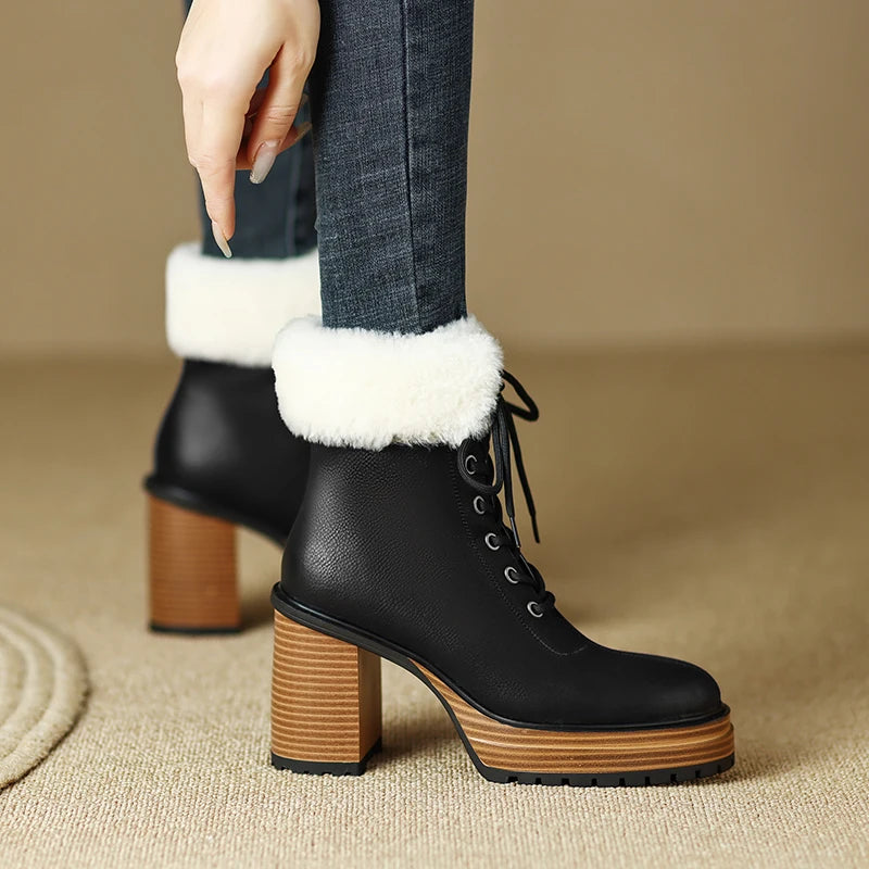 Ladies Winter Boots Genuine Leather Ankle Boots Thick Plush Snow Boots