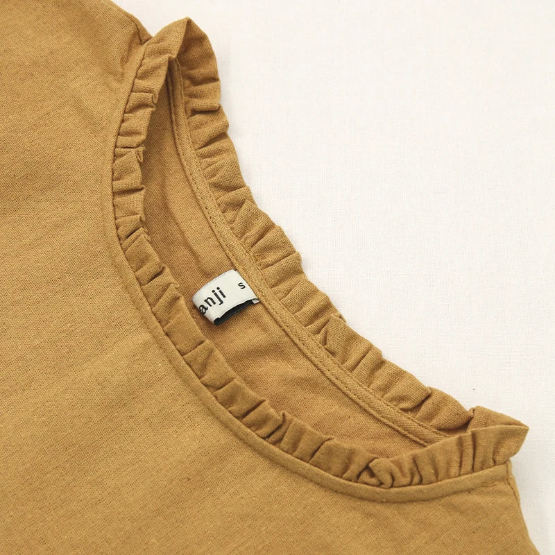 Retro Linen Women T-Shirt Casual Loose O-Neck Ruffles Long Sleeve Tees Spring Autumn Basic Tops Shirts