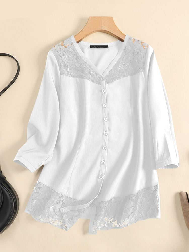 Spring Lace Patchwork Blouse 3/4 Sleeve V-Neck Tops Female Casual Loose Elegant Vintage Solid Color Shirts